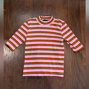 Veronica Beard Pink and Orange Striped Top with Ruffle Collared Neck